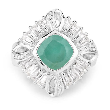 "2.57 Carat Genuine Emerald, White Topaz and White Diamond .925 Sterling Silver Ring