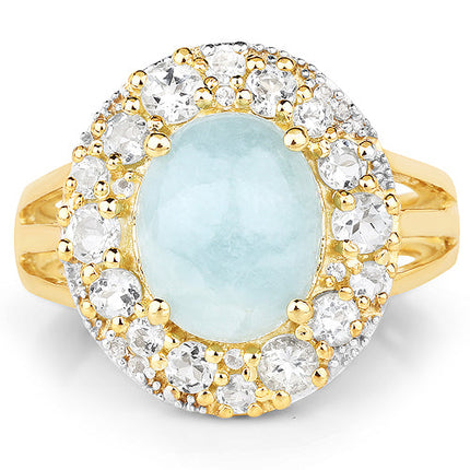 14K Yellow Gold Plated 6.72 Carat Genuine Aquamarine and White Topaz .925 Sterling Silver Ring