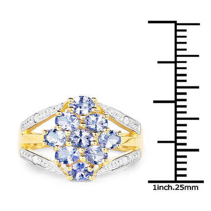 14K Yellow Gold Plated 1.59 Carat Genuine Tanzanite and White Topaz .925 Sterling Silver Ring