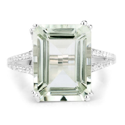 10.64 Carat Genuine Green Amethyst and White Topaz .925 Sterling Silver Ring