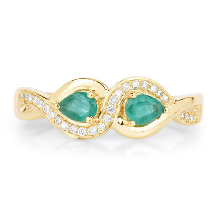 0.35 Carat Genuine Zambian Emerald and White Diamond 14K Yellow Gold Ring