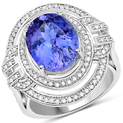 14K White Gold 6.83 Carat Genuine Tanzanite and White Diamond Ring