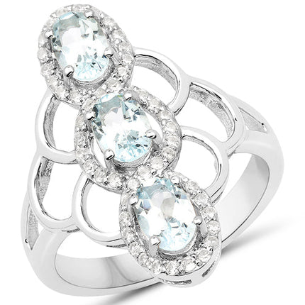 1.54 Carat Genuine Aquamarine and White Zircon .925 Sterling Silver Ring