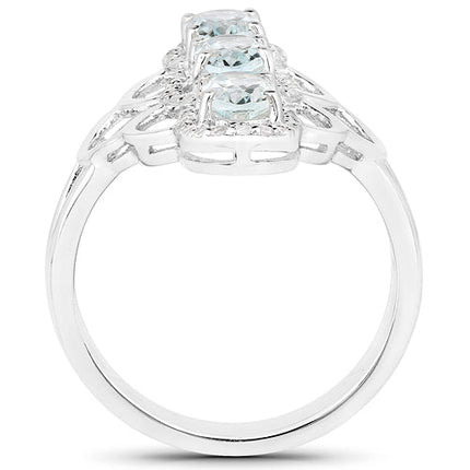 1.54 Carat Genuine Aquamarine and White Zircon .925 Sterling Silver Ring