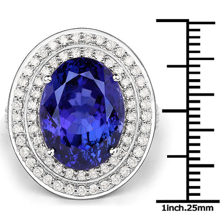 13.78 Carat Genuine Tanzanite and White Diamond 18K White Gold Ring