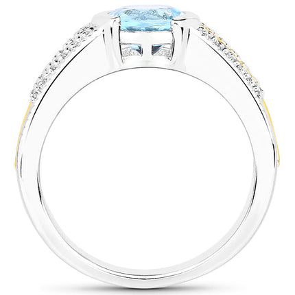 1.37 Carat Genuine Aquamarine and White Diamond 14K Yellow Gold with .925 Sterling Silver Ring