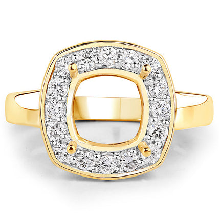 0.48 Carat Genuine White Diamond 14K Yellow Gold Semi Mount Ring - holds 8x8mm Cushion Gemstone