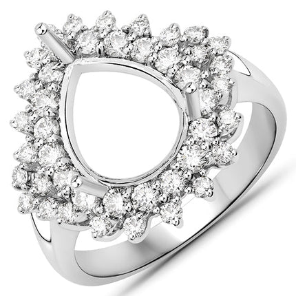 0.89 Carat Genuine White Diamond 14K White Gold Semi Mount Ring - holds 11x9mm Pear Gemstone