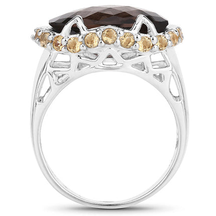 9.58 Carat Genuine Smoky Quartz and Citrine .925 Sterling Silver Ring
