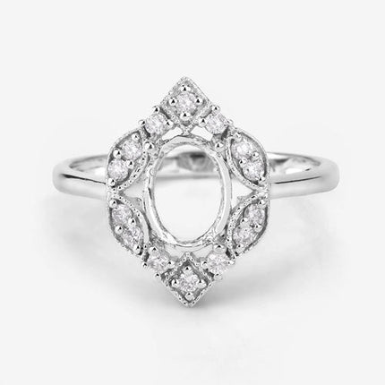 0.20 Carat Genuine White Diamond 14K White Gold Semi Mount Ring - holds 8x6mm Oval Gemstone