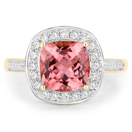 2.71 Carat Genuine Royal Pink Tourmaline and White Diamond 14K Yellow Gold Ring