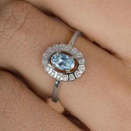 0.44 Carat Genuine Aquamarine and White Diamond 14K White Gold Ring