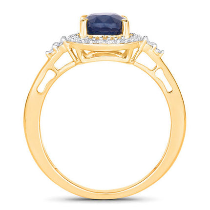 1.70 Carat Genuine Blue Sapphire and White Diamond 14K Yellow Gold Ring