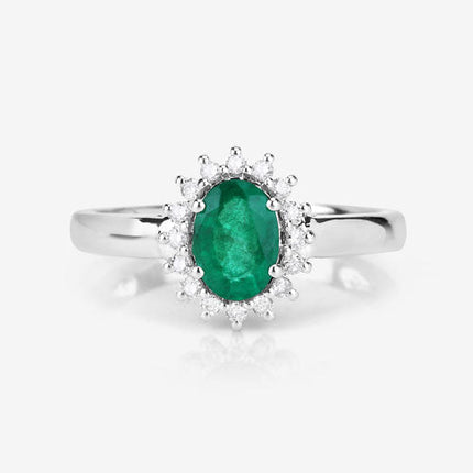 0.86 Carat Genuine Zambian Emerald and White Diamond 14K White Gold Ring