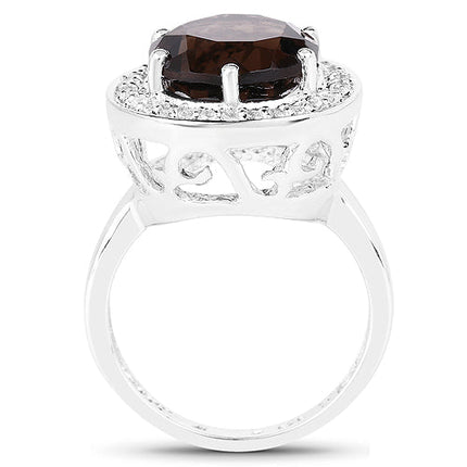 4.52 Carat Genuine Smoky Quartz and White Topaz .925 Sterling Silver Ring