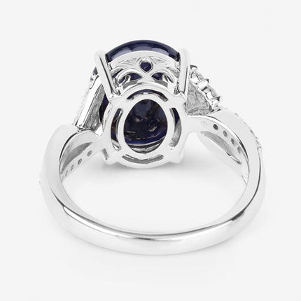 6.54 Carat Genuine Blue Sapphire and White Diamond 14K White Gold Ring