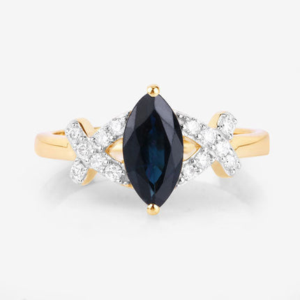 1.50 Carat Genuine Blue Sapphire and White Diamond 14K Yellow Gold Ring