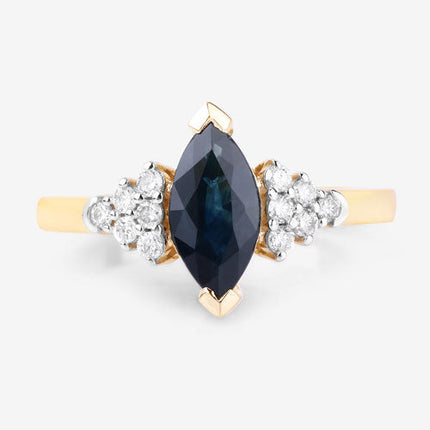 1.47 Carat Genuine Blue Sapphire and White Diamond 14K Yellow Gold Ring