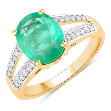 2.29 Carat Genuine Zambian Emerald and White Diamond 14K Yellow Gold Ring