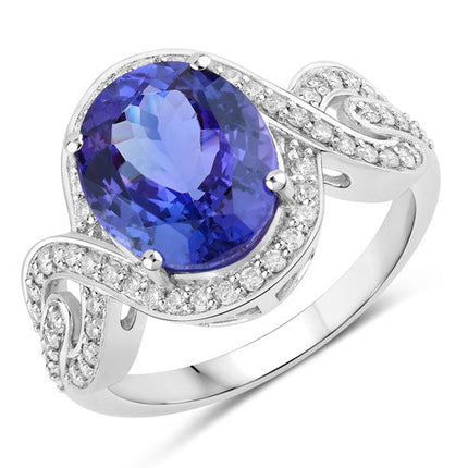 4.54 Carat Genuine Tanzanite and White Diamond 14K White Gold Ring