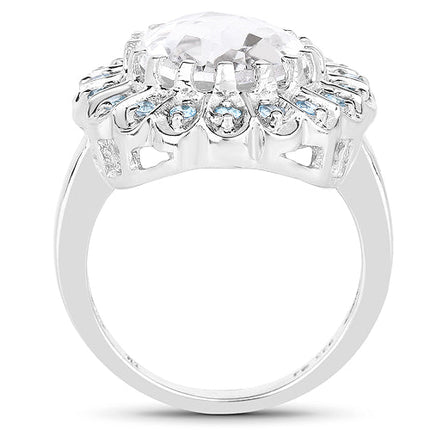 5.90 Carat Genuine Crystal Quartz and Swiss Blue Topaz .925 Sterling Silver Ring