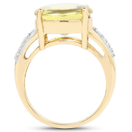 14K Yellow Gold Plated 9.26 Carat Genuine Lemon Topaz Buff Top and White Diamond Brass Ring