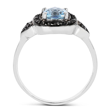 1.19 Carat Genuine Swiss Blue Topaz & Black Diamond .925 Sterling Silver Ring