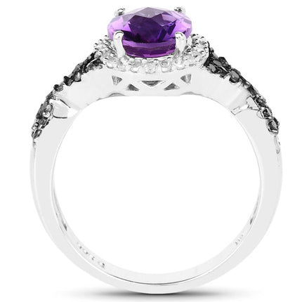 1.64 Carat Genuine Amethyst, Black Diamond & White Diamond .925 Sterling Silver Ring