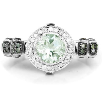 1.07 Carat Genuine Green Amethyst, Green Diamond and White Diamond .925 Sterling Silver Ring