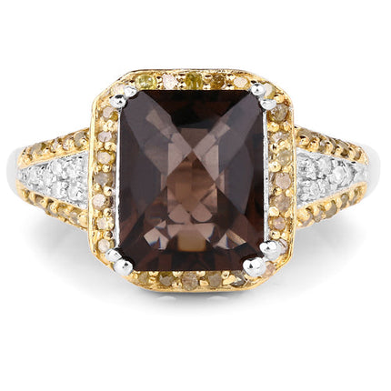3.48 Carat Genuine Smoky Quartz, Yellow Diamond and White Diamond .925 Sterling Silver Ring