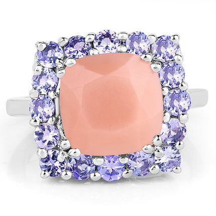 6.70 Carat Genuine Peach Moonstone and Tanzanite .925 Sterling Silver Ring