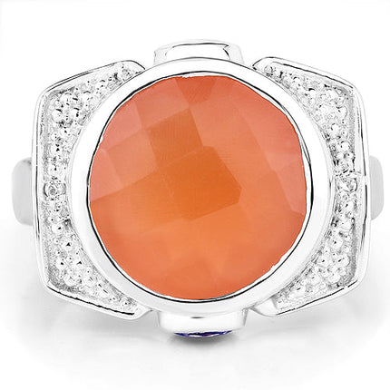 5.99 Carat Genuine Peach Moonstone, Tanzanite and White Topaz .925 Sterling Silver Ring