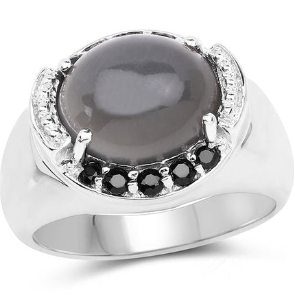 5.68 Carat Genuine Grey Moonstone & Black Spinel .925 Sterling Silver Ring