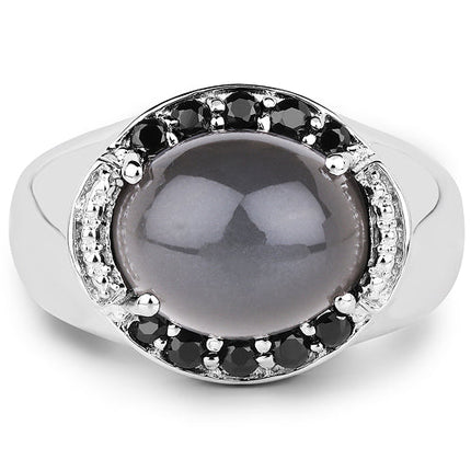 5.68 Carat Genuine Grey Moonstone & Black Spinel .925 Sterling Silver Ring