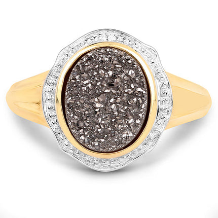 14K Yellow Gold Plated 4.50 Carat Genuine Drusy Quartz .925 Sterling Silver Ring
