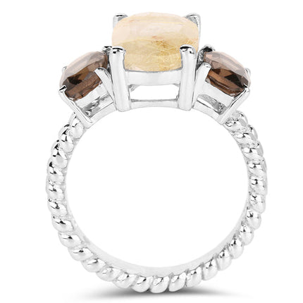 5.75 Carat Genuine Golden Rutile & Smoky Quartz .925 Sterling Silver Ring