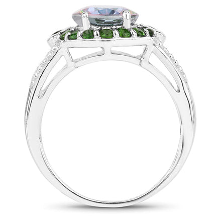 3.92 Carat Genuine Rainbow Quartz and Chrome Diopside .925 Sterling Silver Ring