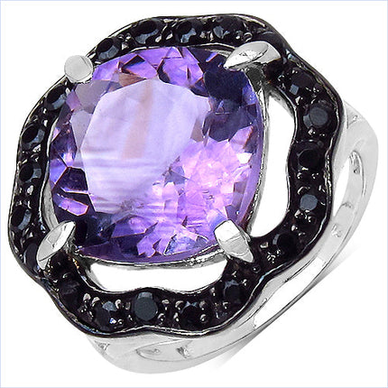 6.09 Carat Genuine Amethyst & Black Spinel .925 Sterling Silver Ring