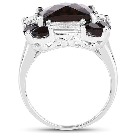 7.43 Carat Genuine Smoky Quartz & White Topaz .925 Sterling Silver Ring