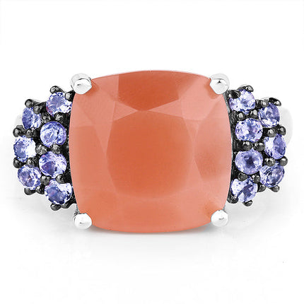6.18 Ct Peach Moonstone & Tanzanite Ring .925 Sterling Silver | Elegant Gemstone Ring