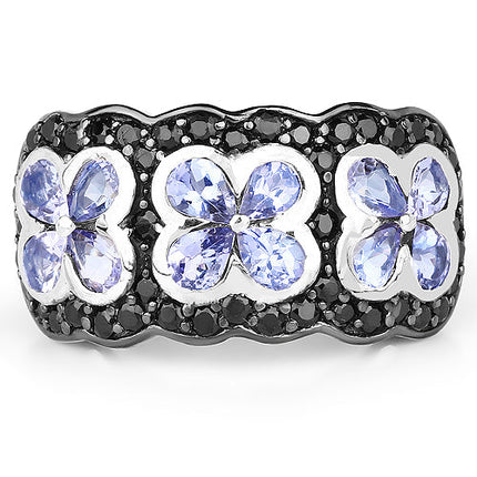 14K Yellow Gold Plated 2.60 Carat Genuine Tanzanite and Black Spinel .925 Sterling Silver Ring