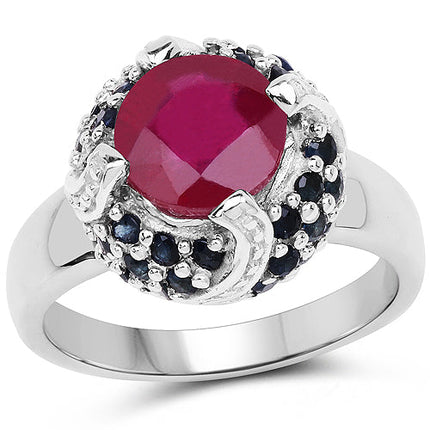 3.70 Carat Glass Filled Ruby and Blue Sapphire .925 Sterling Silver Ring