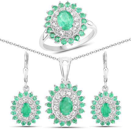 6.53 Carat Genuine Zambian Emerald and White Topaz .925 Sterling Silver 3 Piece Jewelry Set (Ring, Earrings, and Pendant w/ Chain)