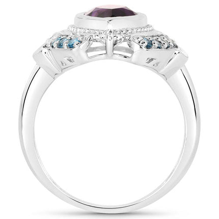 3.06 Carat Genuine Amethyst and London Blue Topaz .925 Sterling Silver Ring