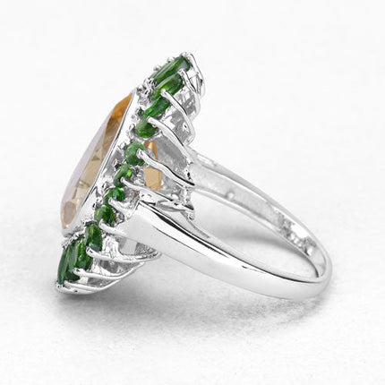 7.02 Carat Genuine Citrine and Chrome Diopside .925 Sterling Silver Ring