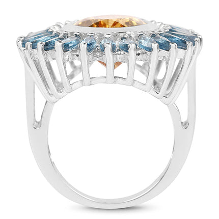 7.54 Carat Genuine Citrine & London Blue Topaz .925 Sterling Silver Ring