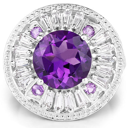 5.58 Carat Genuine Amethyst and White Topaz .925 Sterling Silver Ring