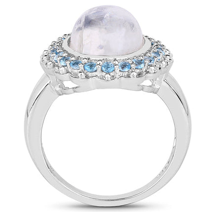 7.21 Carat Genuine White Rainbow Moonstone & Swiss Blue Topaz .925 Sterling Silver Ring