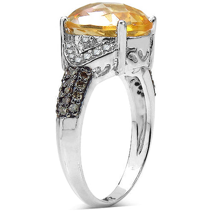 4.69 Carat Genuine Citrine, Champagne Diamond & White Diamond .925 Sterling Silver Ring