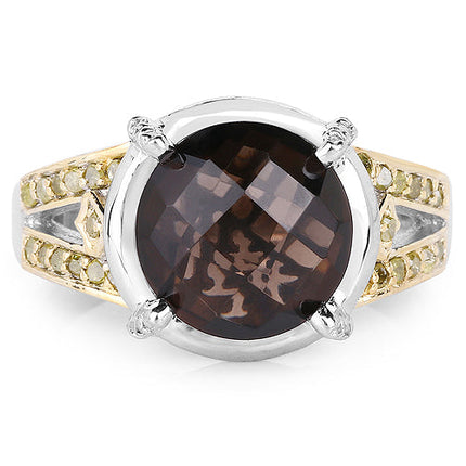 3.28 Carat Genuine Smoky Quartz, Yellow Diamond & White Diamond .925 Sterling Silver Ring